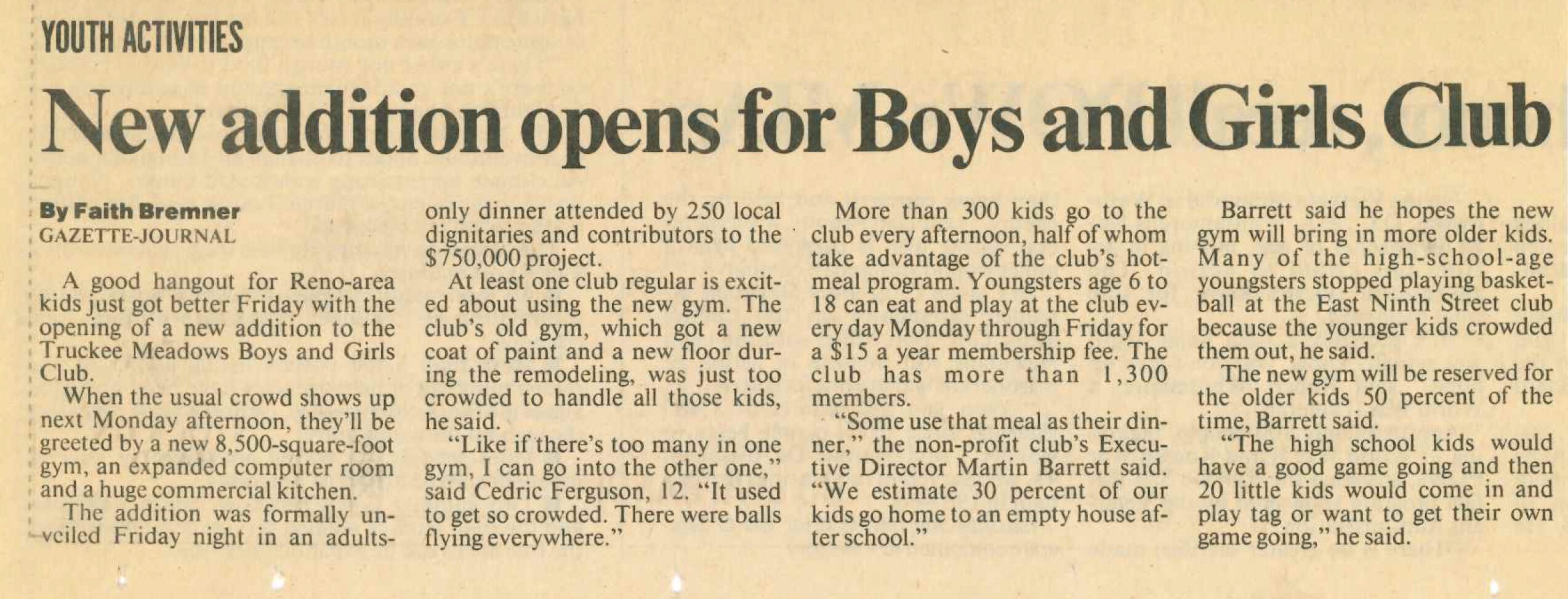 New addition opens for Boys and Girls Club article (Ninth St.)