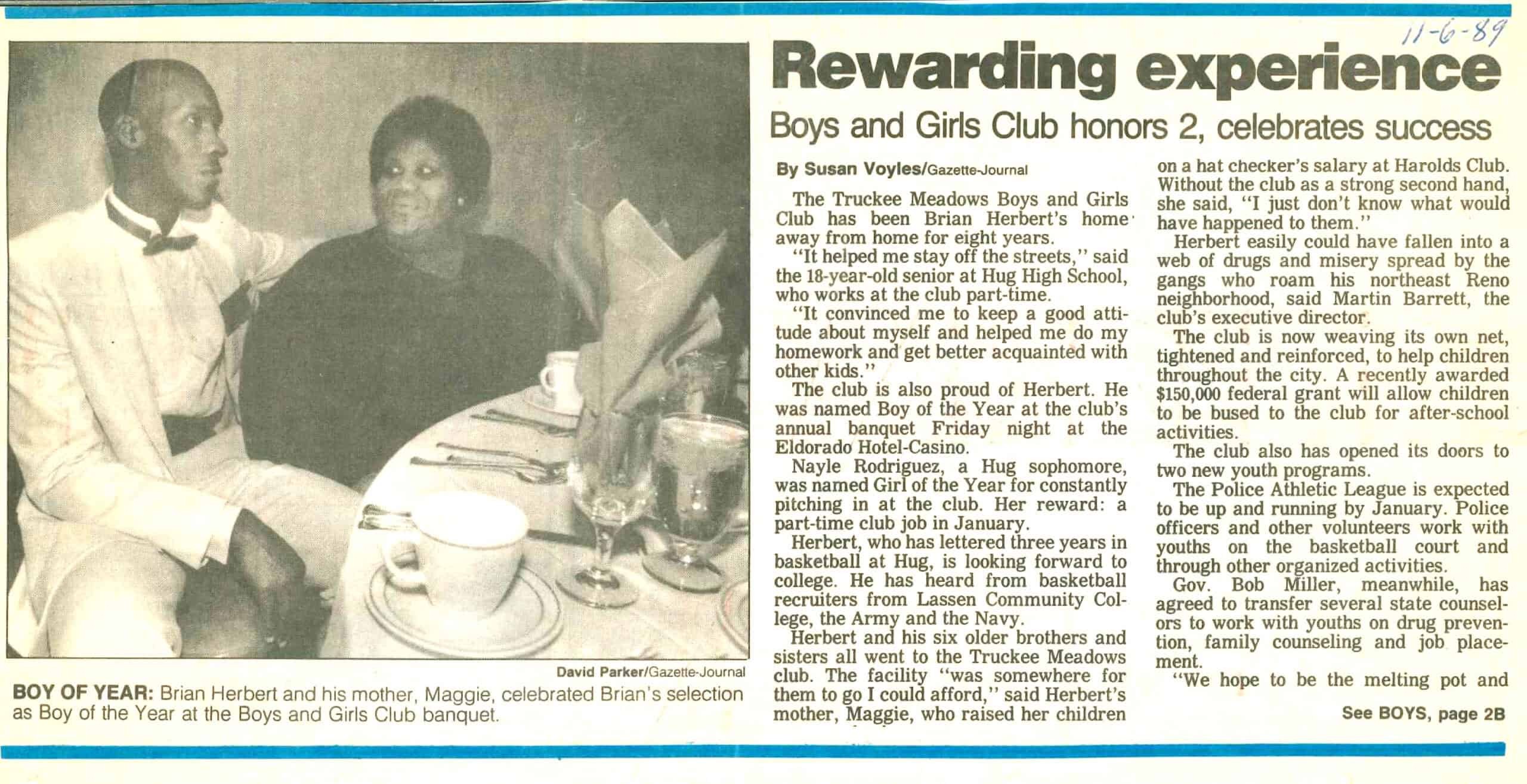 1989 — Boys & Girls Club recognizes Youth of the Year in a newspaper article