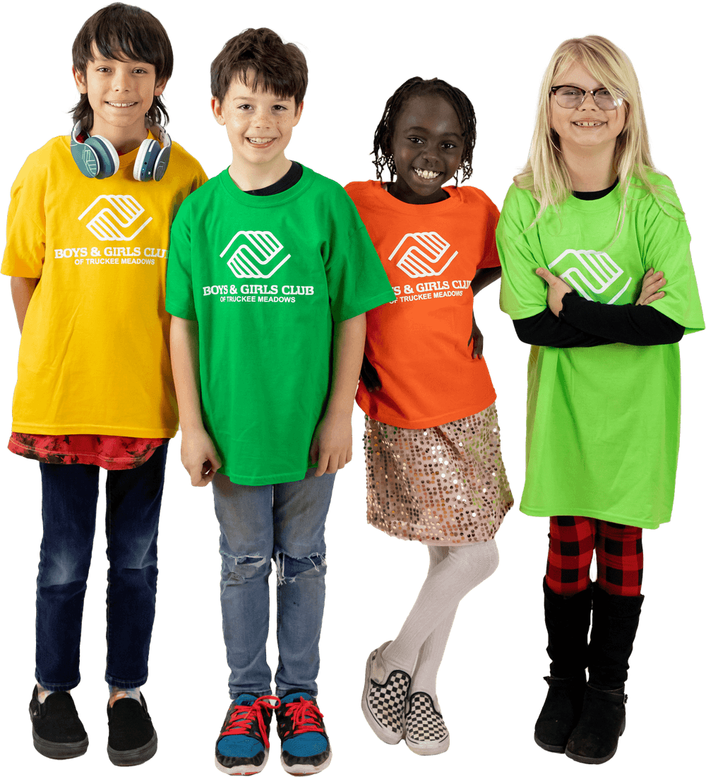 Four smiling children wearing Boys & Girls Club of Truckee Meadows shirts