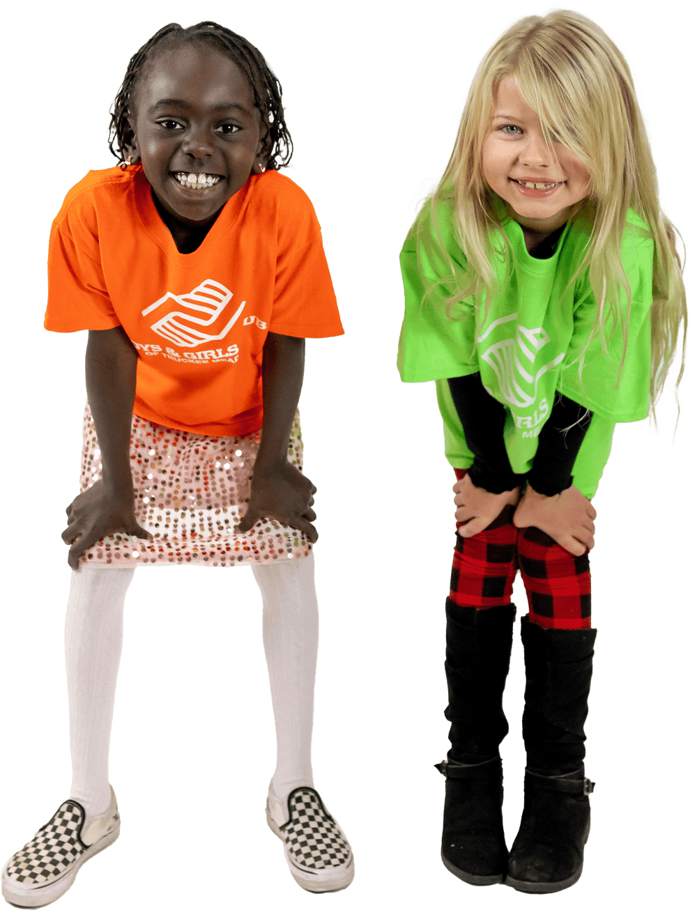 Two smiling girls wearing Boys & Girls Club of Truckee Meadows shirts with their hands on their knees
