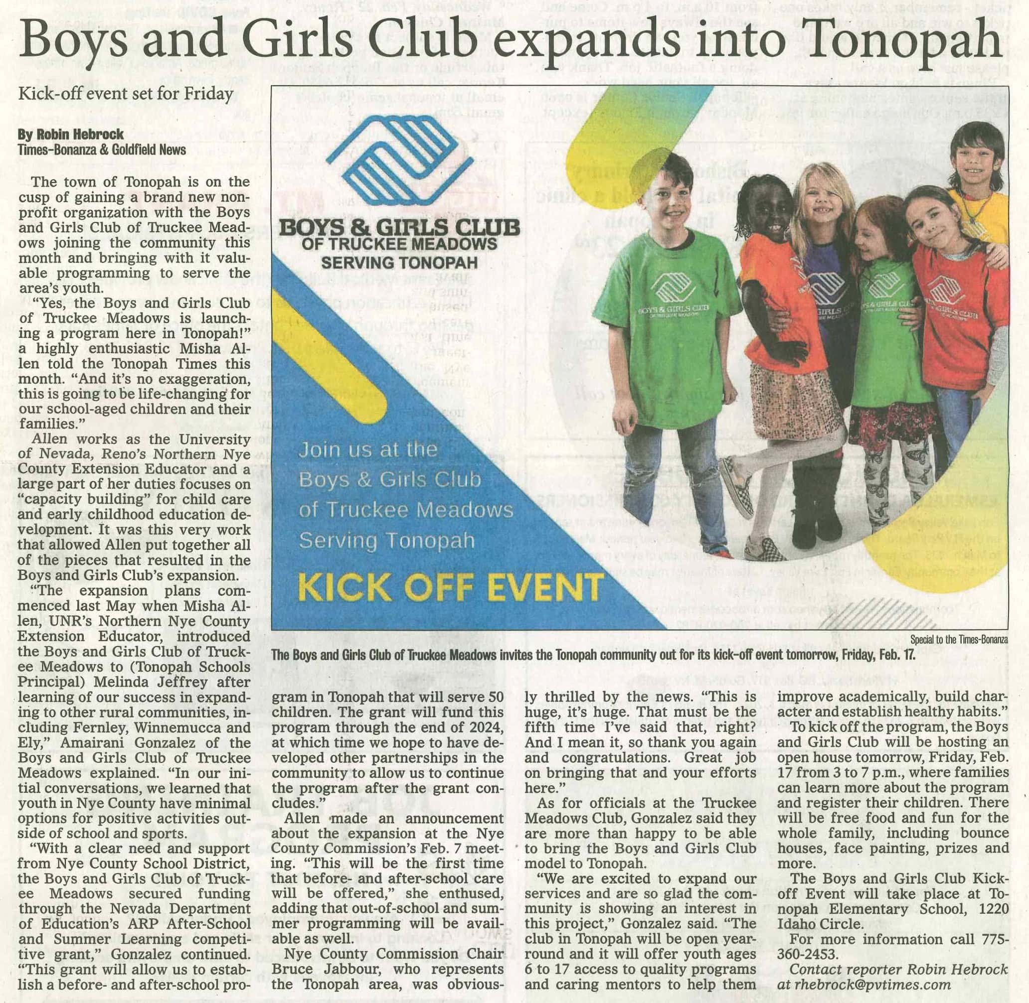 Boys and Girls Club of Truckee Meadows expands into Tonopah newspaper article